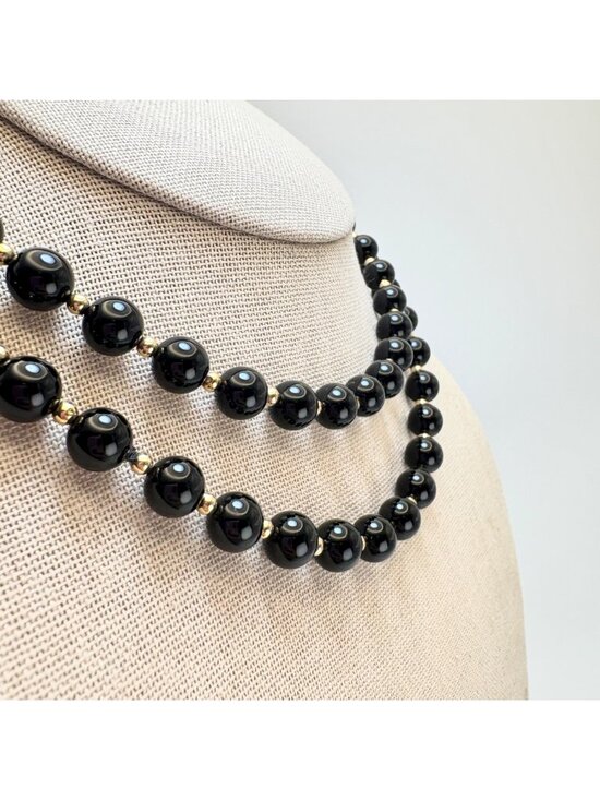Black Onyx Vintage 7mm Alternating 10K Gold Bead Necklace No Clasp 20" Length - Picture 2 of 10